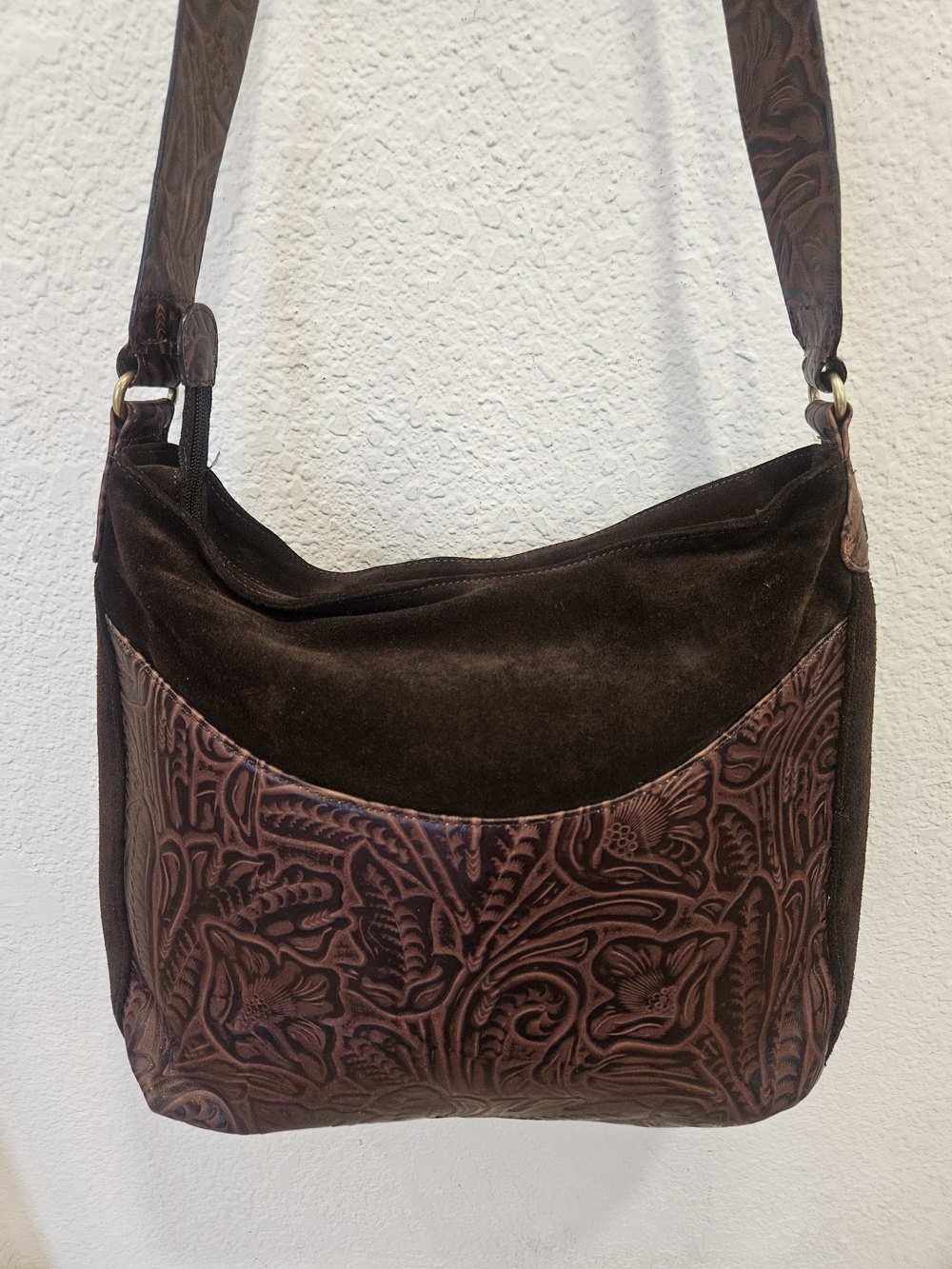 Maxx NY Brown Suede & Tooled Leather Curved Hobo Bag Plaid Lining Western